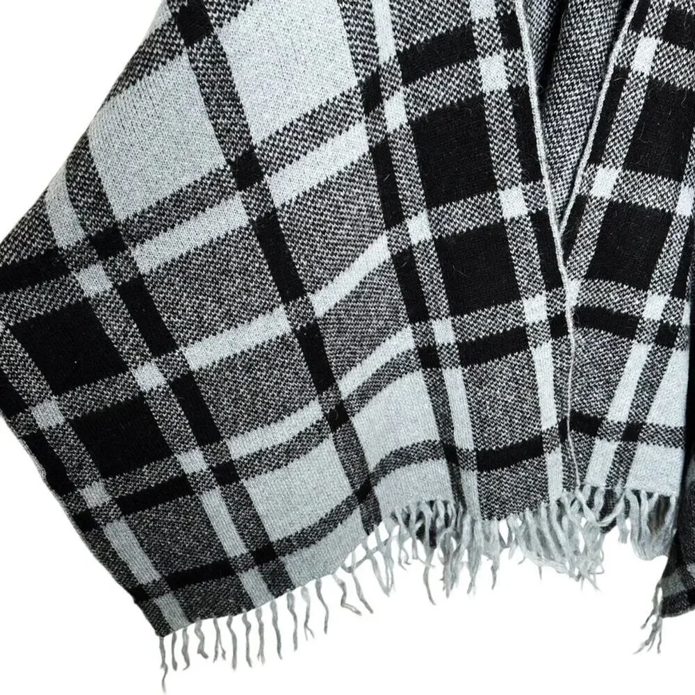 Soft Surroundings Black and Gray Plaid Faux Fur Trim Poncho